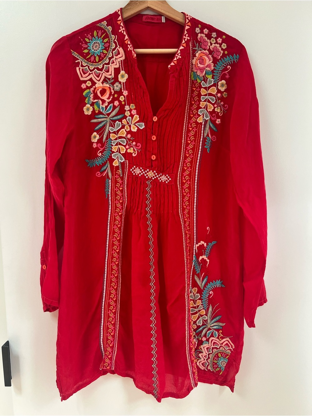 Johnny Was Red Embroidered Button Neck Tunic Blouse - Picture 3 of 13